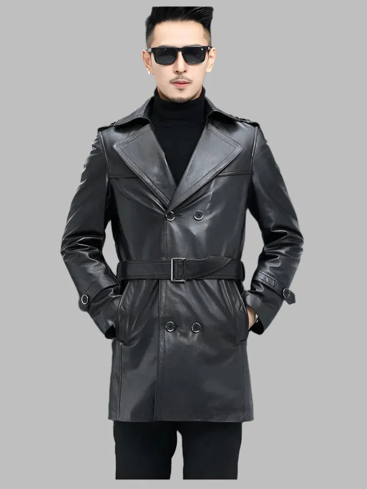 Men's Thick Cowhide Leather Trench Coat with Detachable Down Liner & Raccoon Fur Collar | Belted Autumn & Winter Outerwear