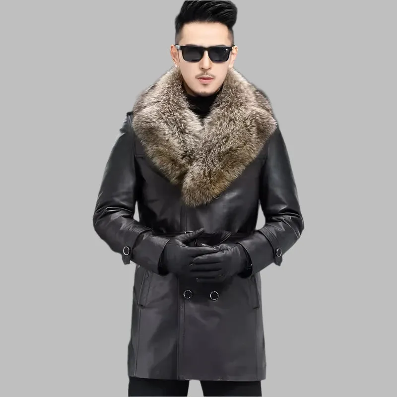 Men's Thick Cowhide Leather Trench Coat with Detachable Down Liner & Raccoon Fur Collar | Belted Autumn & Winter Outerwear