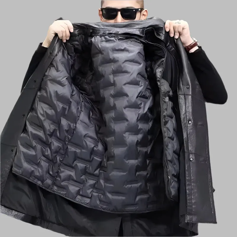 Men's Thick Cowhide Leather Trench Coat with Detachable Down Liner & Raccoon Fur Collar | Belted Autumn & Winter Outerwear