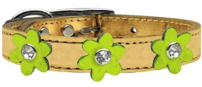 Metallic Flower Leather Collar Gold With Metallic Lime Green Flowers Size 18