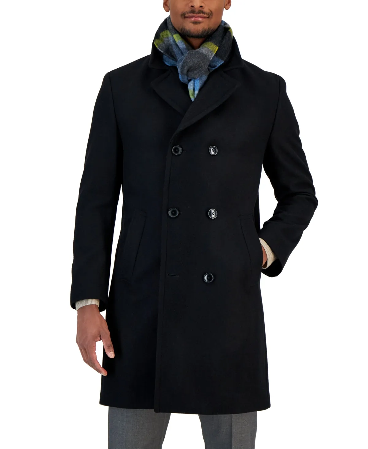 Nautica Mens Regular fit Overcoat Coat 40 S Black Solid Double Breasted