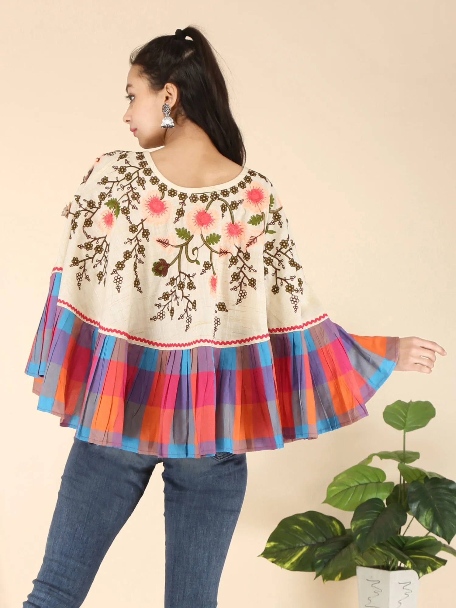 Neon Flower Embroidered Frill Round Poncho