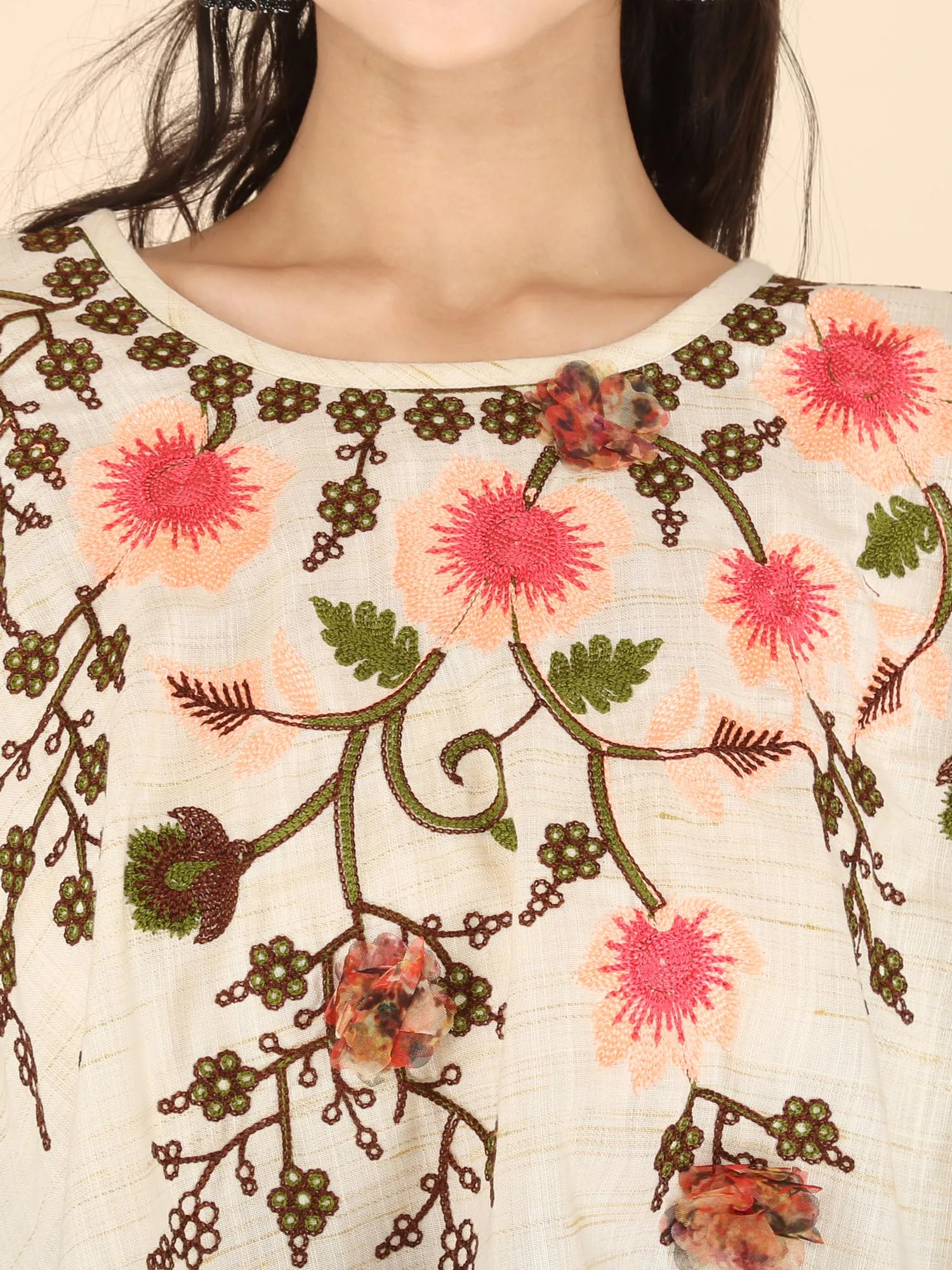 Neon Flower Embroidered Frill Round Poncho