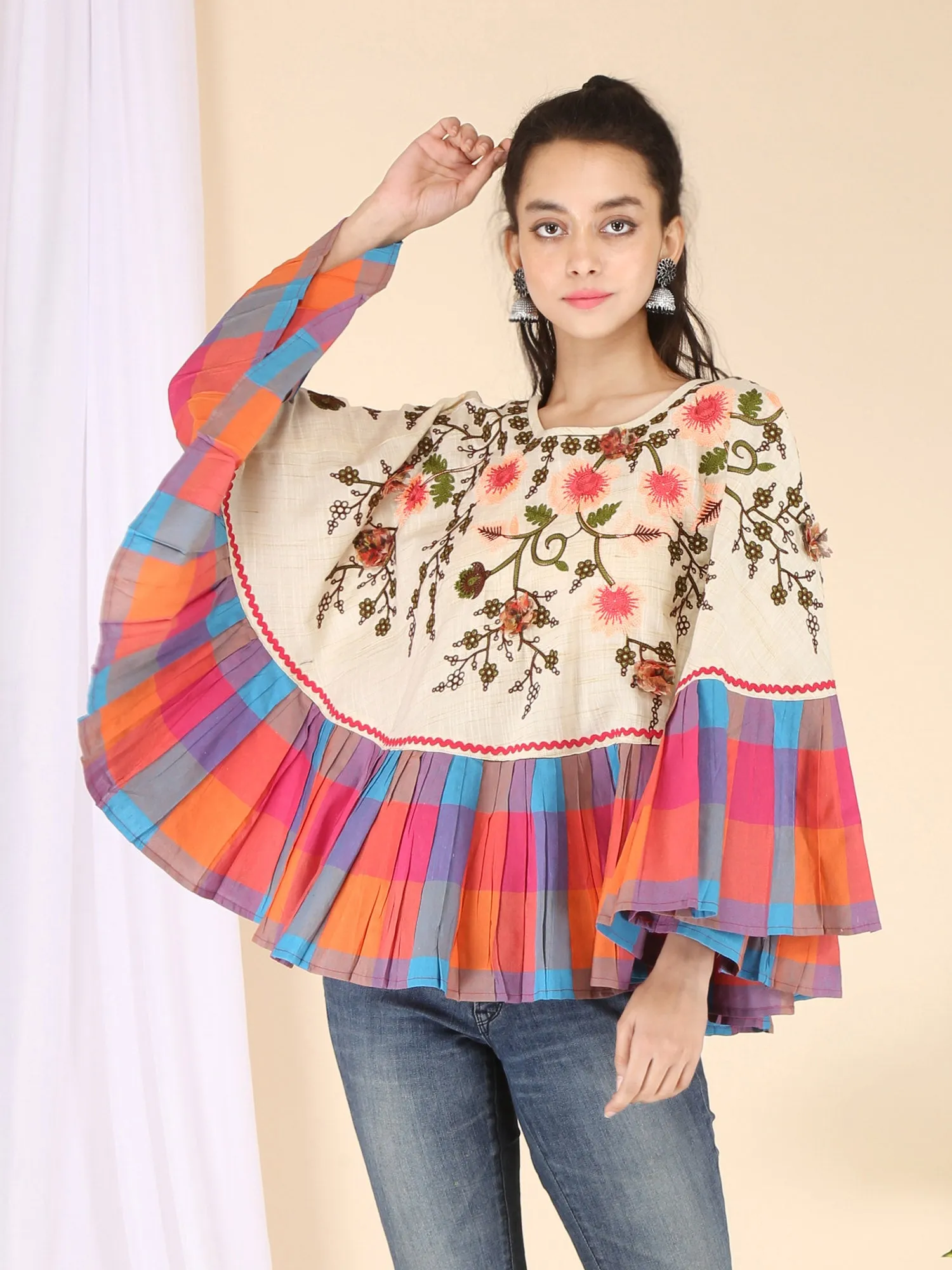 Neon Flower Embroidered Frill Round Poncho