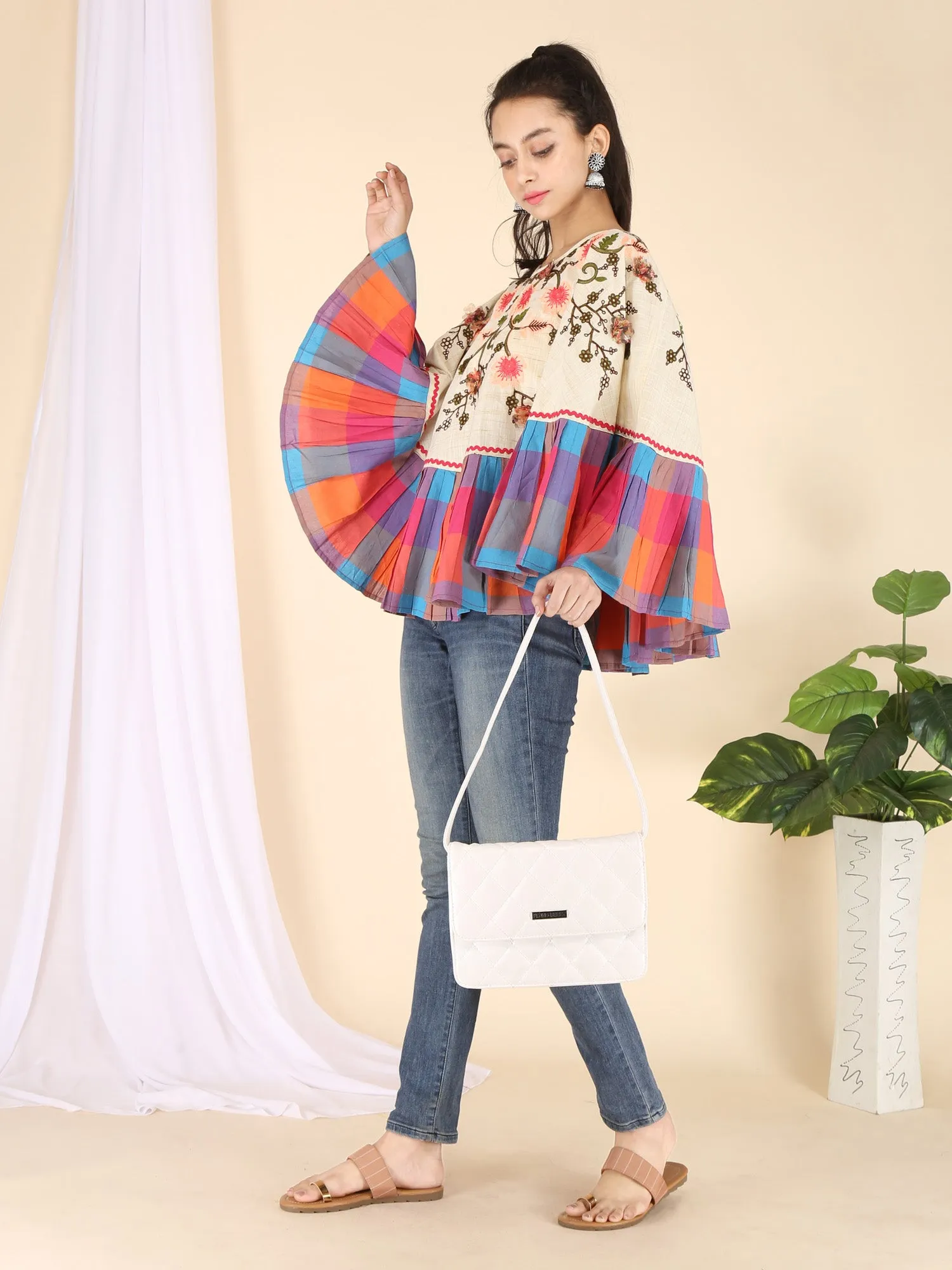 Neon Flower Embroidered Frill Round Poncho