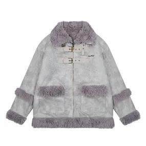 【NOW TREND】Leather Button Zip Fur Collar Coat