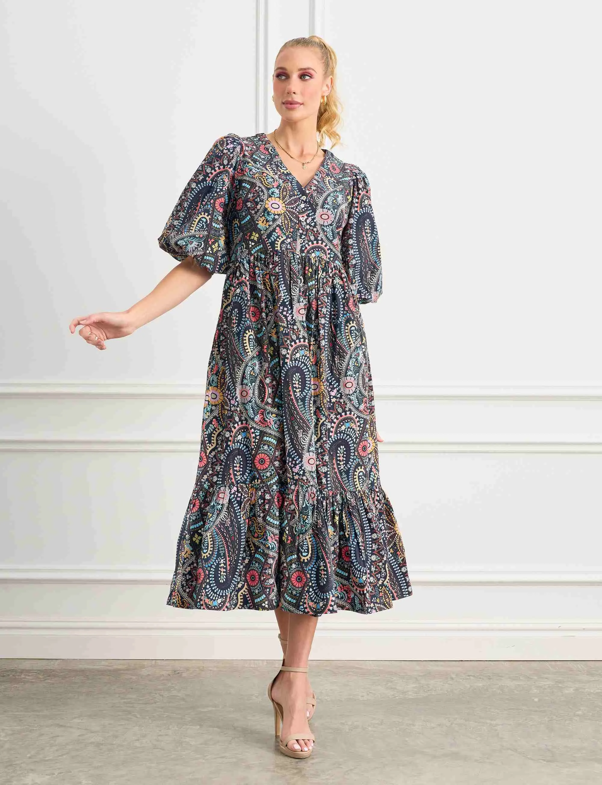 ORIGINAL SAMPLE Marisa ' Aztec Rose' Double Tiered Midi Dress