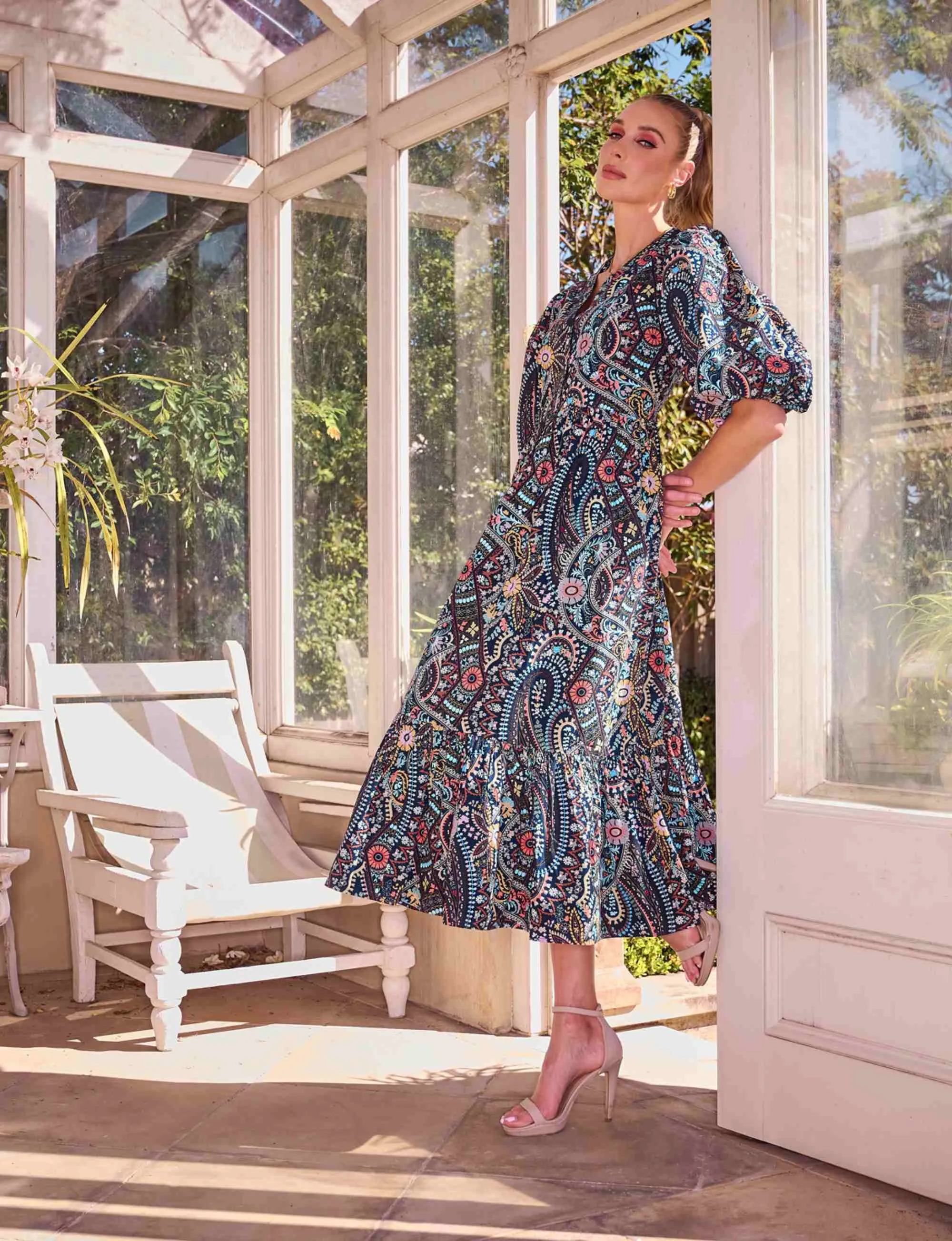 ORIGINAL SAMPLE Marisa ' Aztec Rose' Double Tiered Midi Dress