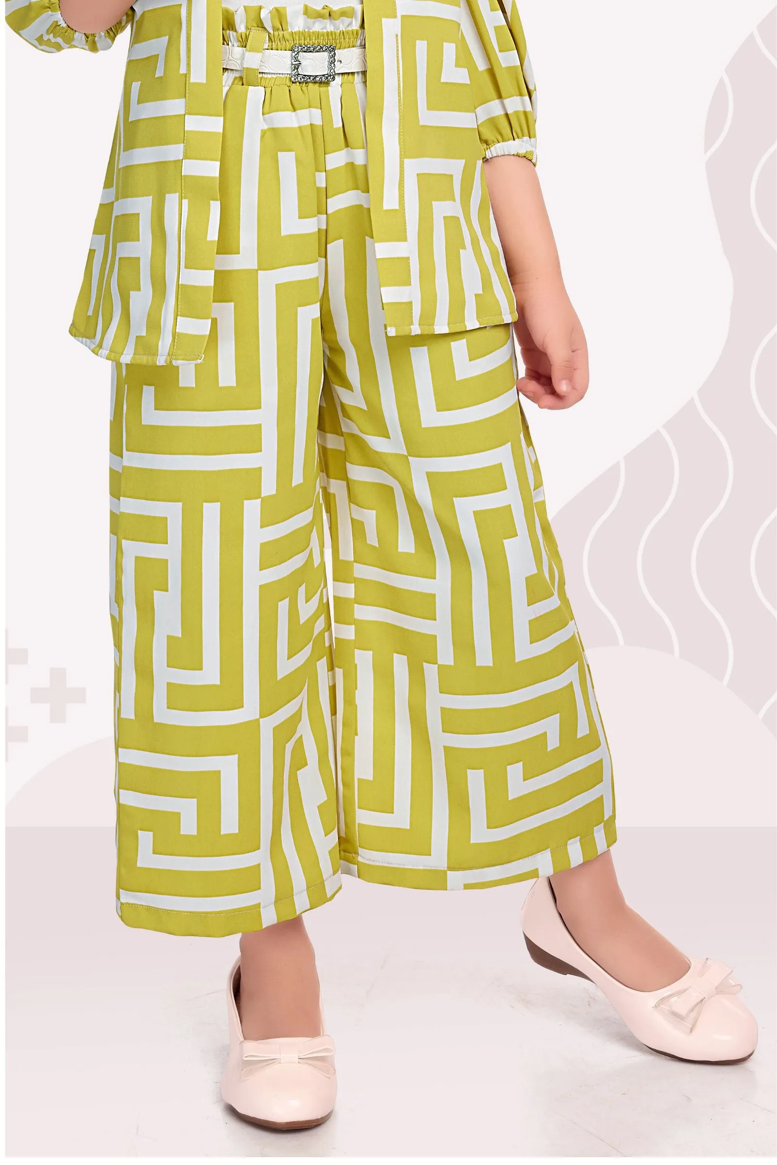 Parrot Green with White Print Overcoat Styled Palazzo Set for Girls