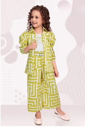 Parrot Green with White Print Overcoat Styled Palazzo Set for Girls