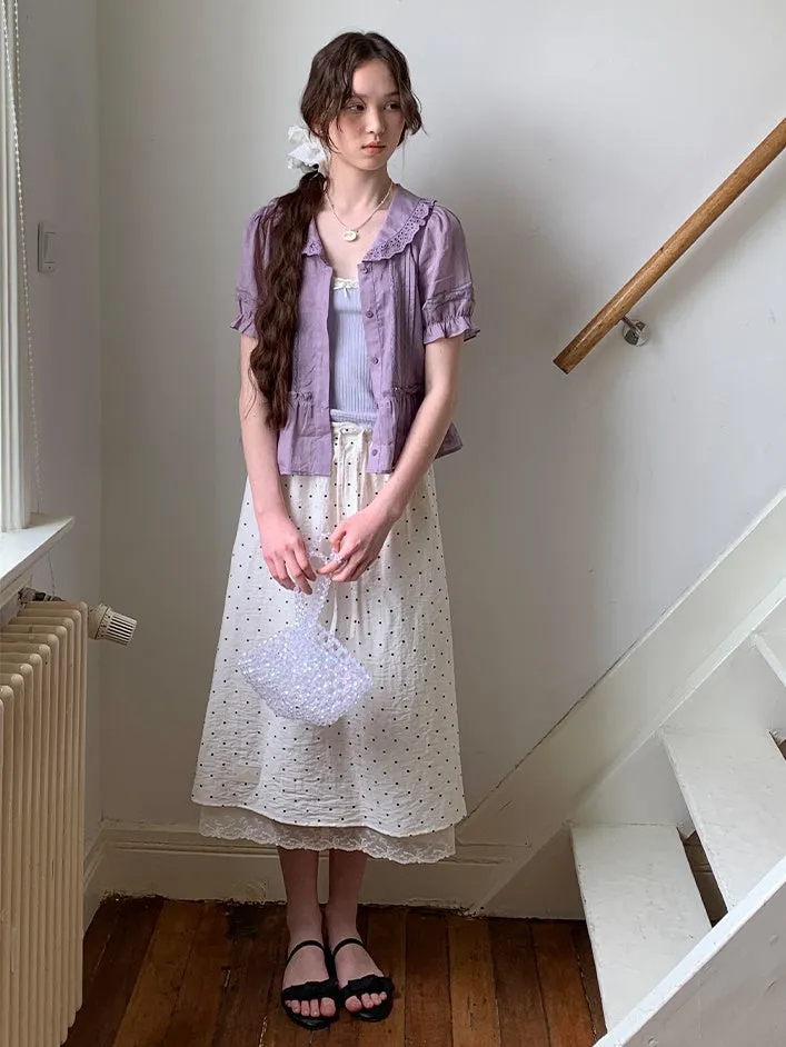 Polka Dot Lace Drawstring Elastic Waist Midi Skirt