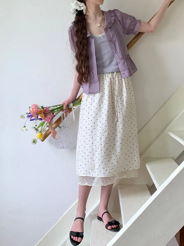Polka Dot Lace Drawstring Elastic Waist Midi Skirt