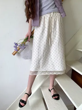 Polka Dot Lace Drawstring Elastic Waist Midi Skirt