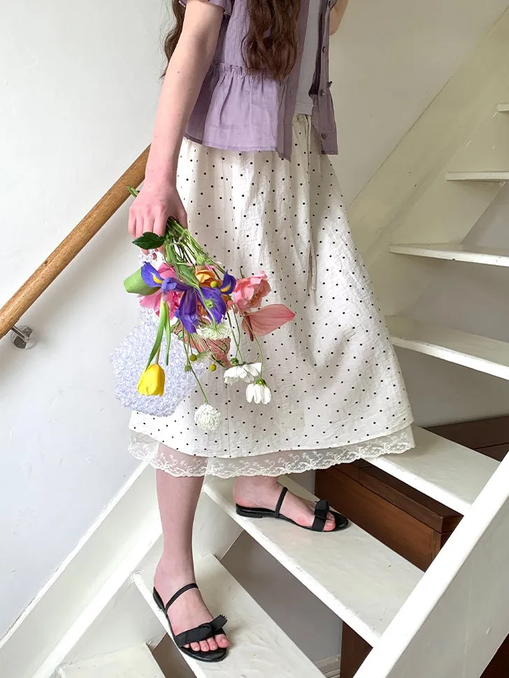 Polka Dot Lace Drawstring Elastic Waist Midi Skirt