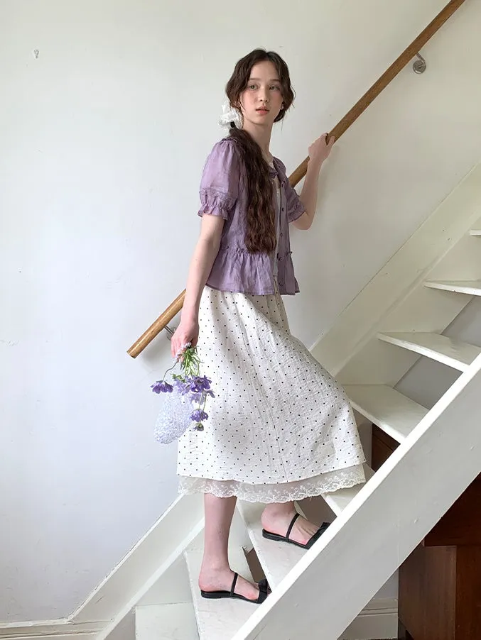 Polka Dot Lace Drawstring Elastic Waist Midi Skirt