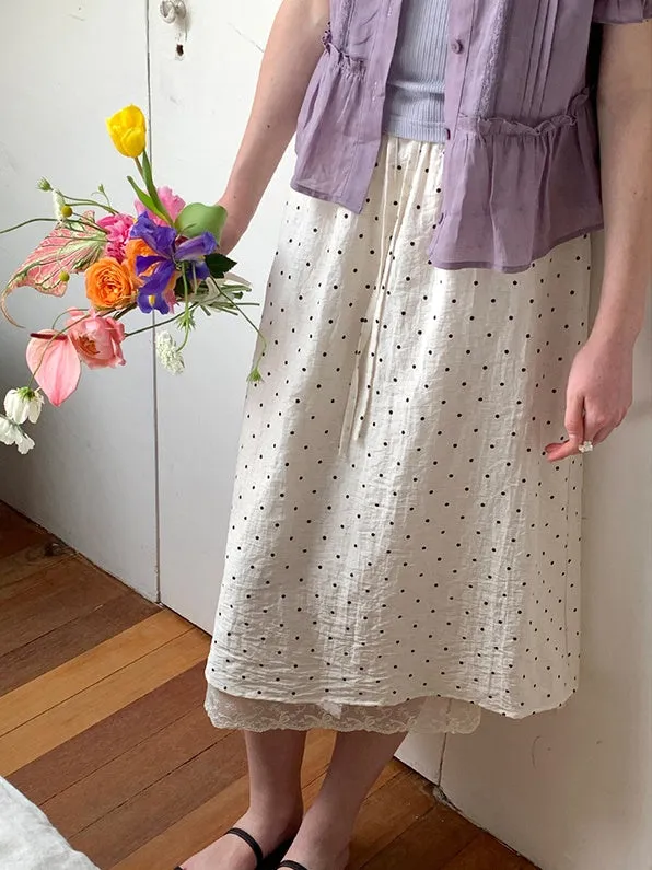 Polka Dot Lace Drawstring Elastic Waist Midi Skirt