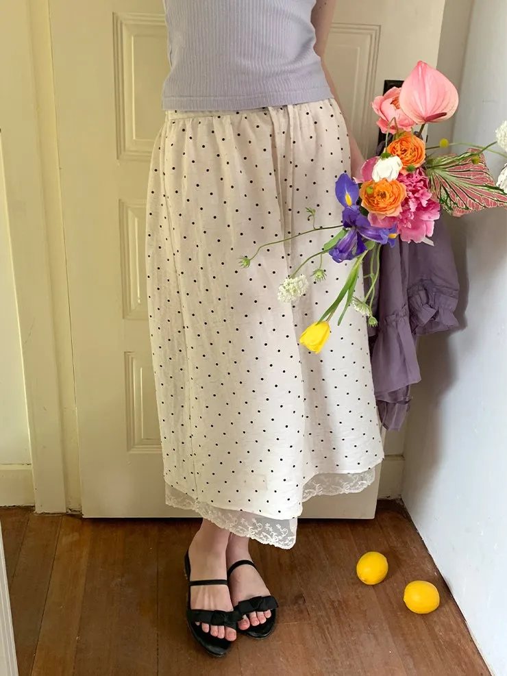Polka Dot Lace Drawstring Elastic Waist Midi Skirt