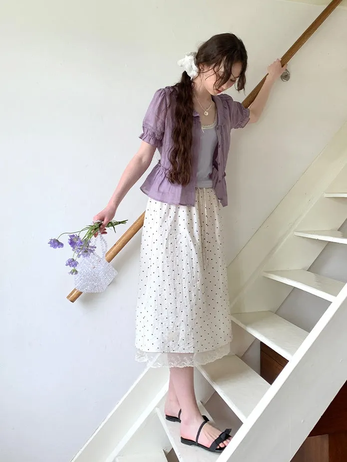 Polka Dot Lace Drawstring Elastic Waist Midi Skirt