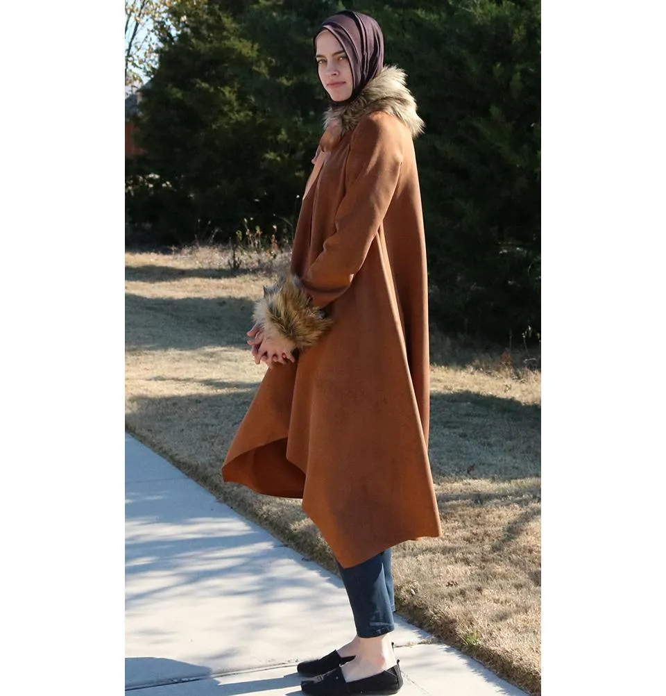 Puane Suede Poncho Coat with Fur 3131 Brown