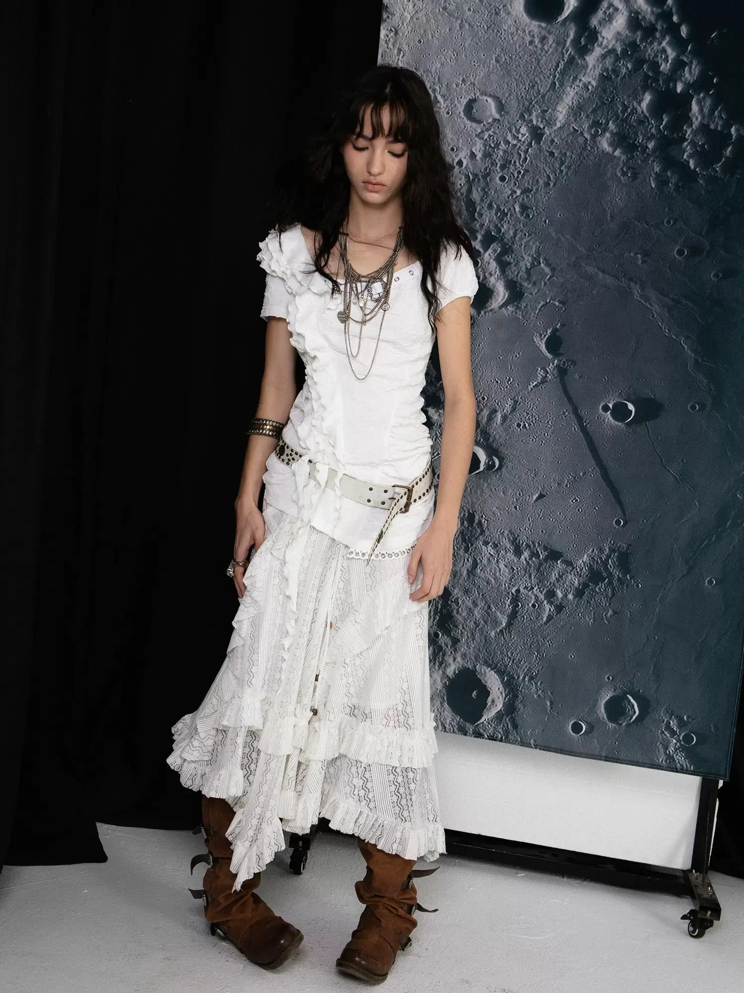 Punk Style Irregular Ruffled Low Waist Lace Skirt
