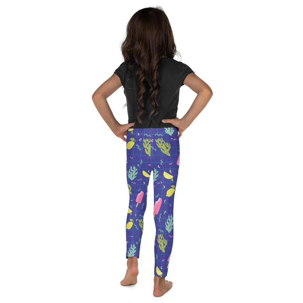 Purple Cactus Kid's Tights, Purple Cute Lemon Ice Cream Cactus Print Designer Kid's Leggings- Made in USA/EU