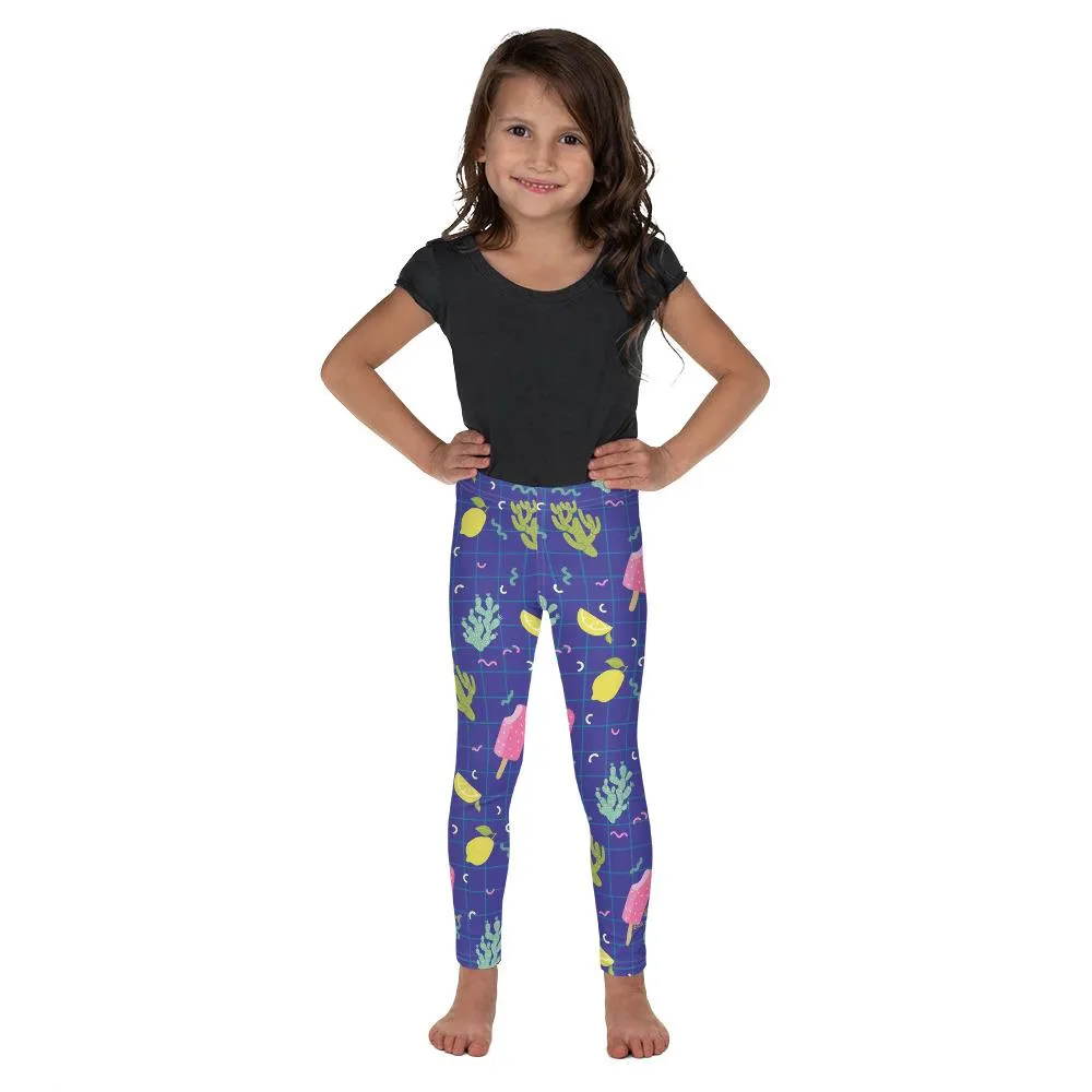 Purple Cactus Kid's Tights, Purple Cute Lemon Ice Cream Cactus Print Designer Kid's Leggings- Made in USA/EU