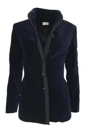 Rare Fall 1989 Azzedine Alaia Blue Velvet Runway Jacket w Black Trim