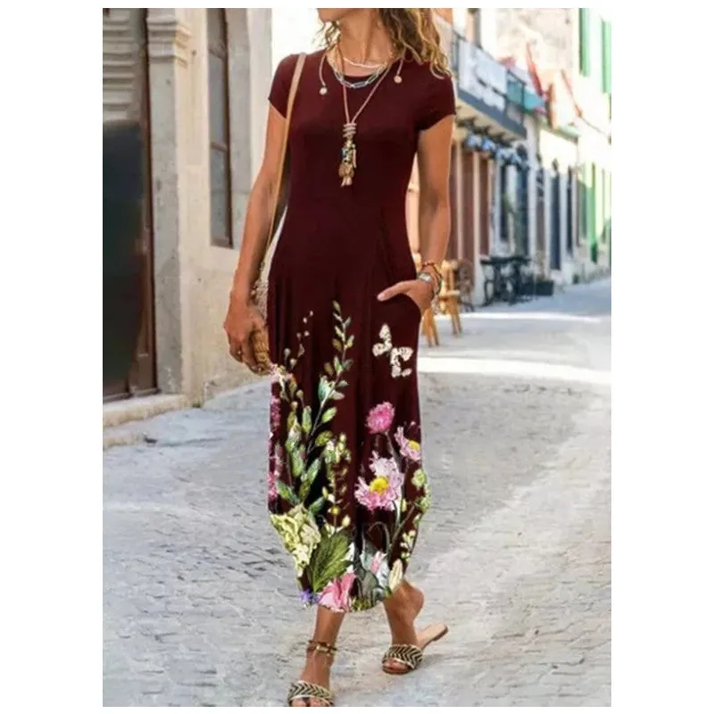 Round Neck Pocket Printed Dress - GlamzLife