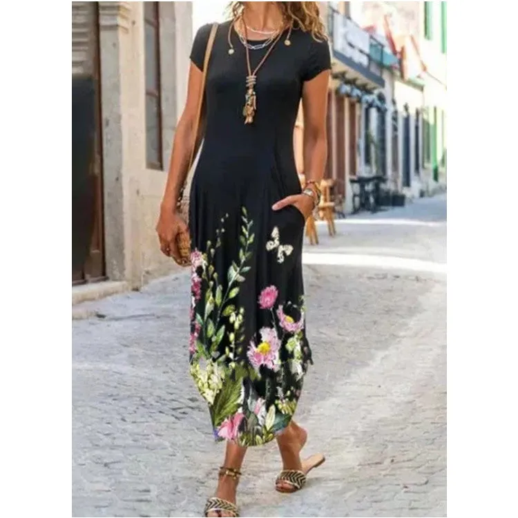 Round Neck Pocket Printed Dress - GlamzLife