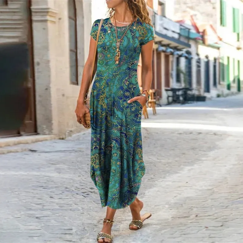 Round Neck Pocket Printed Dress - GlamzLife