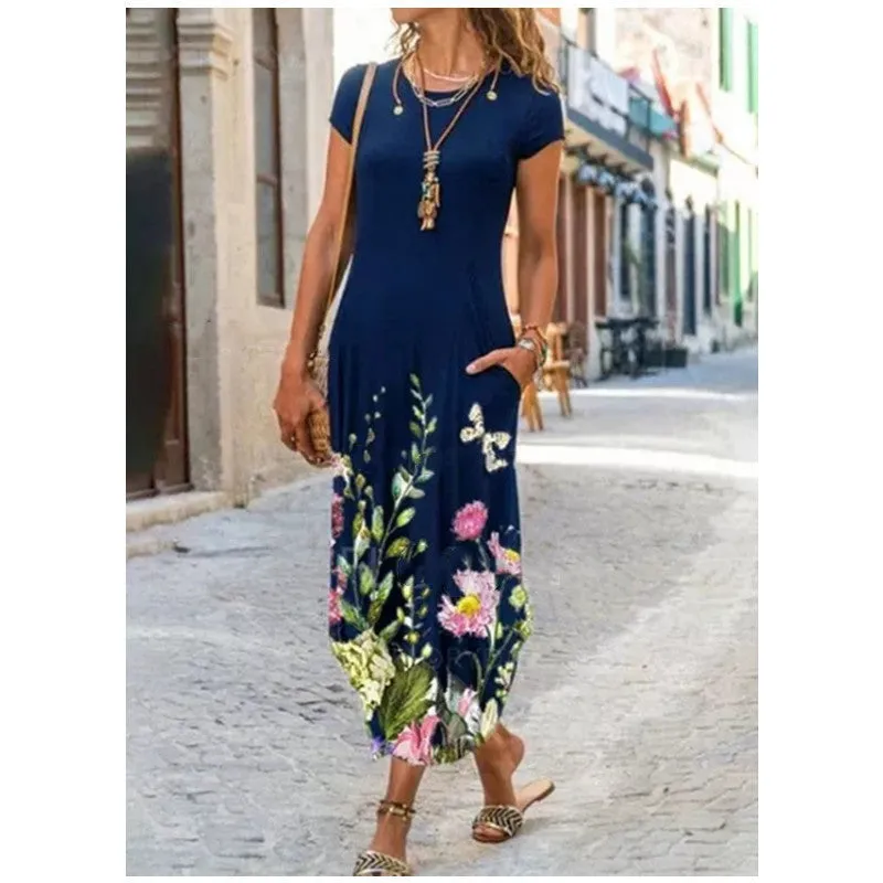 Round Neck Pocket Printed Dress - GlamzLife