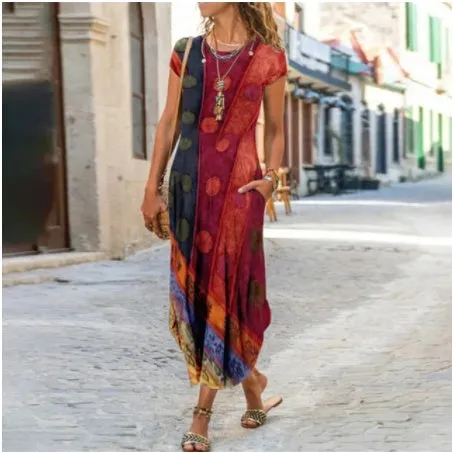 Round Neck Pocket Printed Dress - GlamzLife