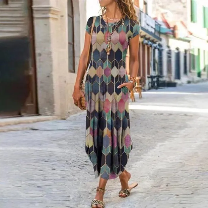 Round Neck Pocket Printed Dress - GlamzLife