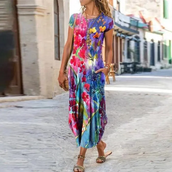 Round Neck Pocket Printed Dress - GlamzLife