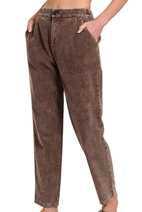 SALE 60% OFF! Zenana The Nikki Brown Mineral Wash Pleated Corduroy Pants