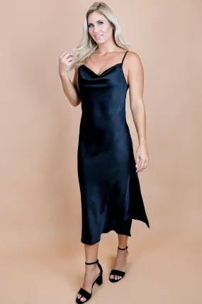 Satin Cowl Neck Slip Midi Black Dress