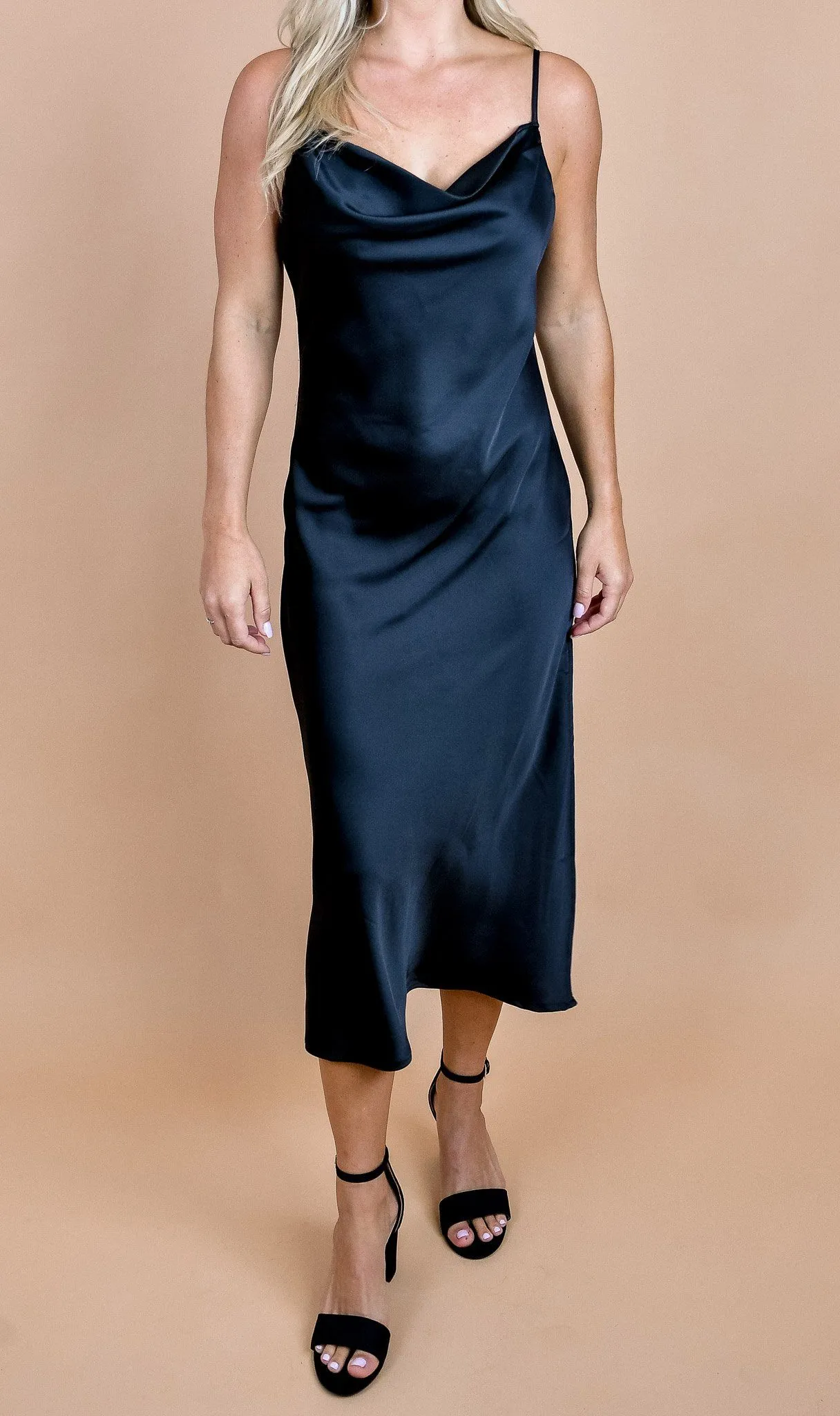 Satin Cowl Neck Slip Midi Black Dress