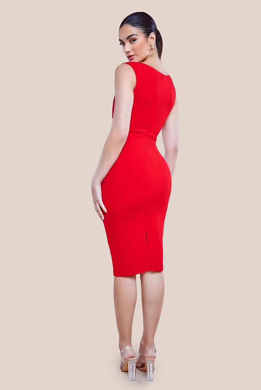 Scuba Crepe Asymmetric Neck Midi Dress - Red by Goddiva