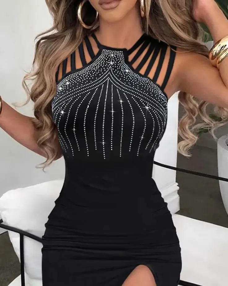 Sexy Women Dresses Rhinestone Decor Elegant Fashion Multi-strap High
