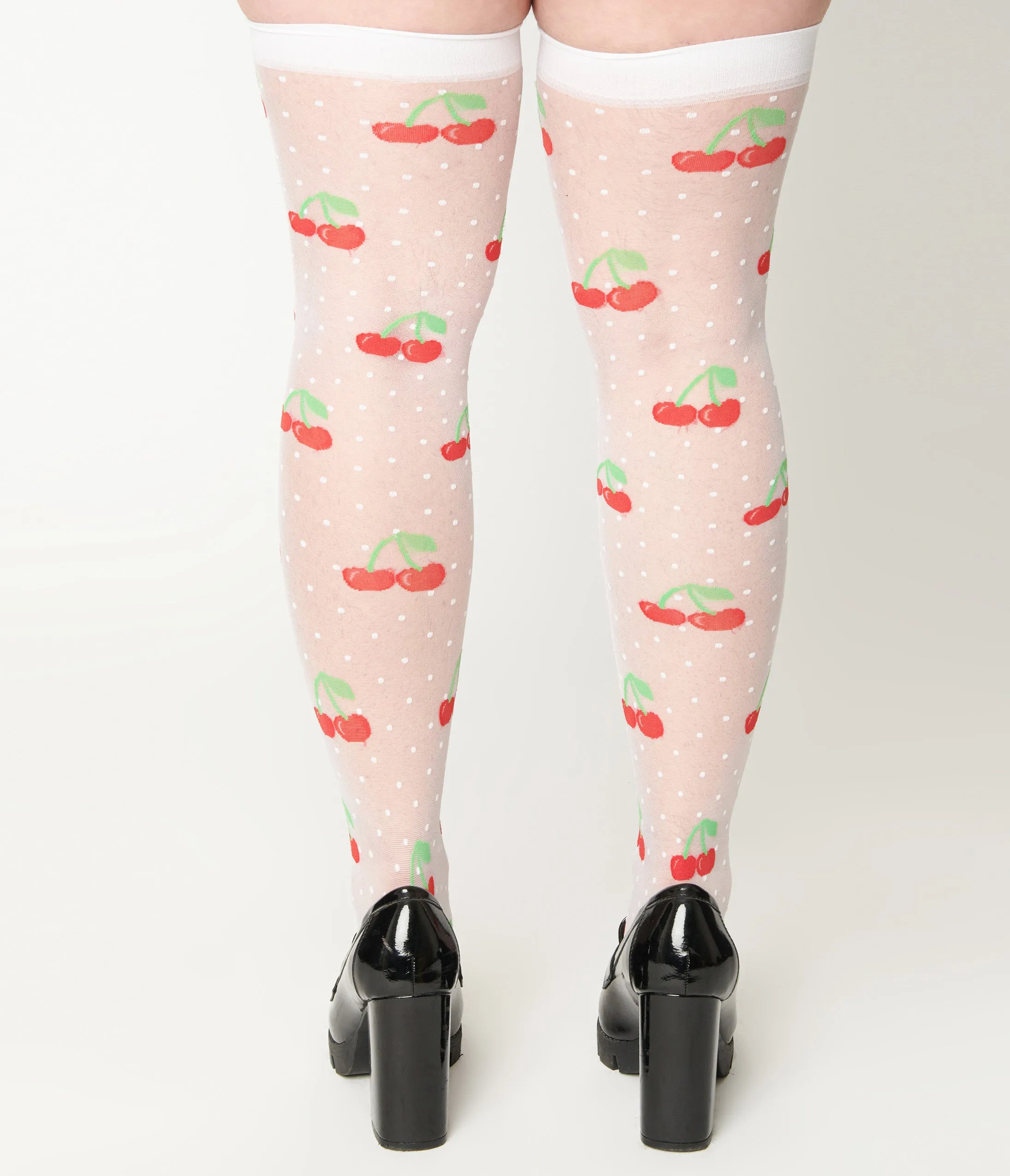 Sheer White Cherry Dot Thigh High Socks