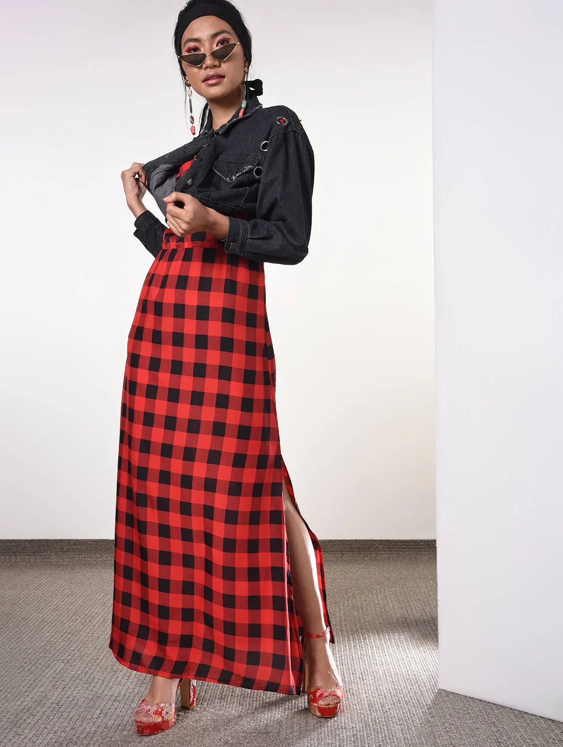 Side slit checkered maxi dress