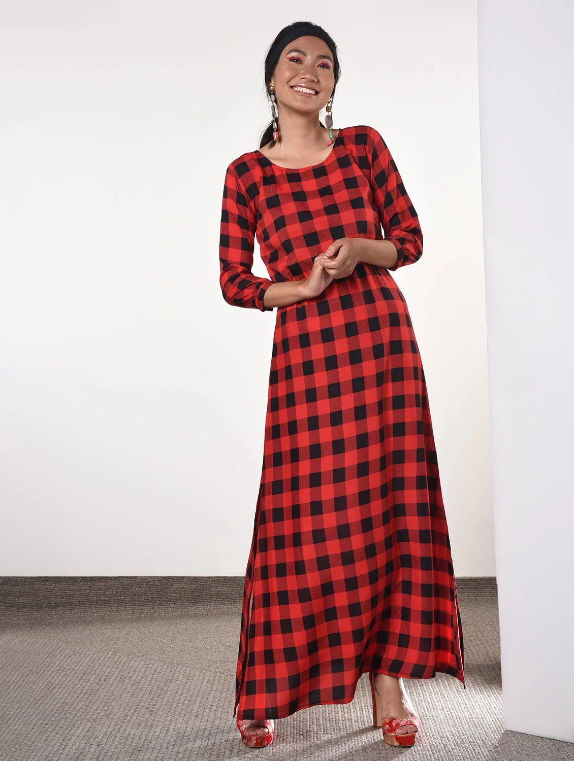 Side slit checkered maxi dress