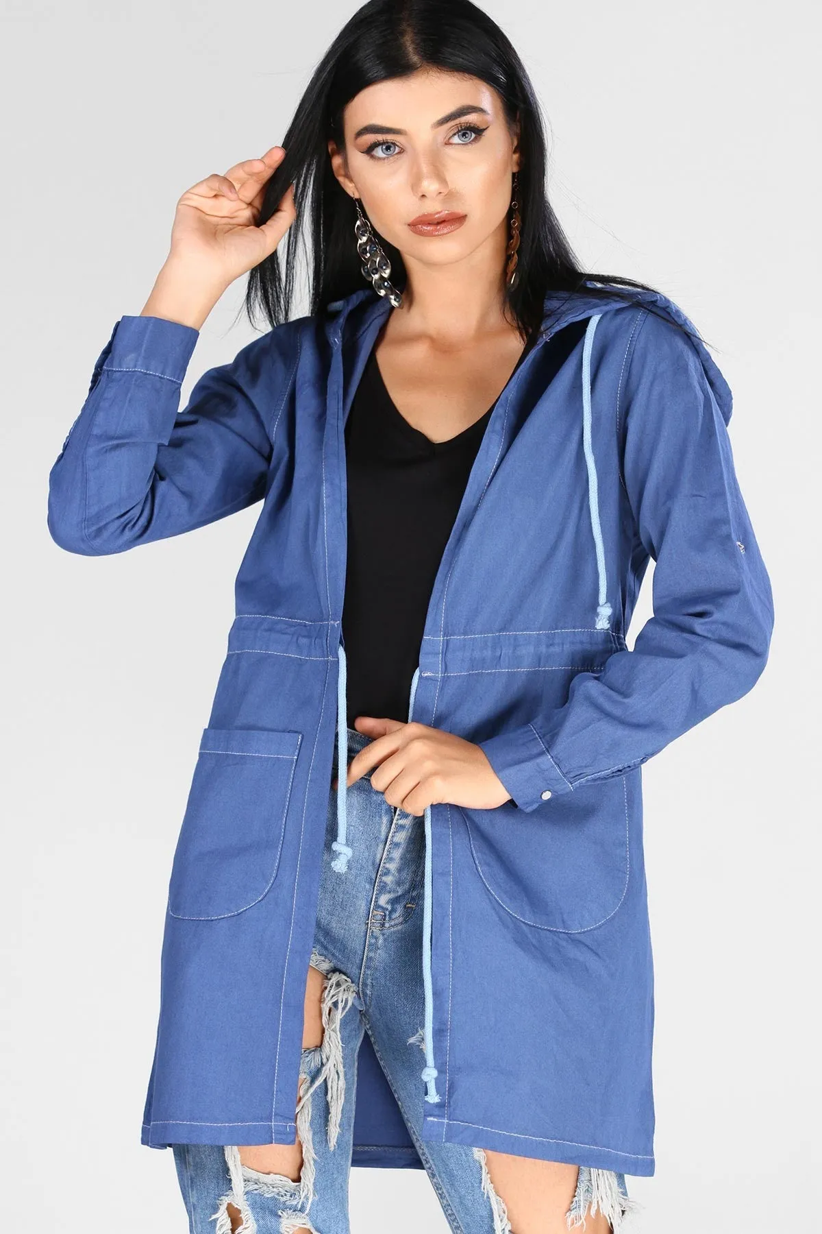 Sidiou Group Hooded Denim Color Jacket Cardigan