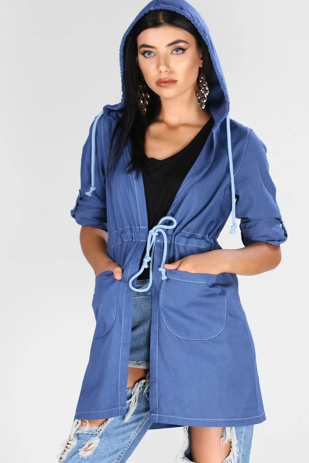 Sidiou Group Hooded Denim Color Jacket Cardigan