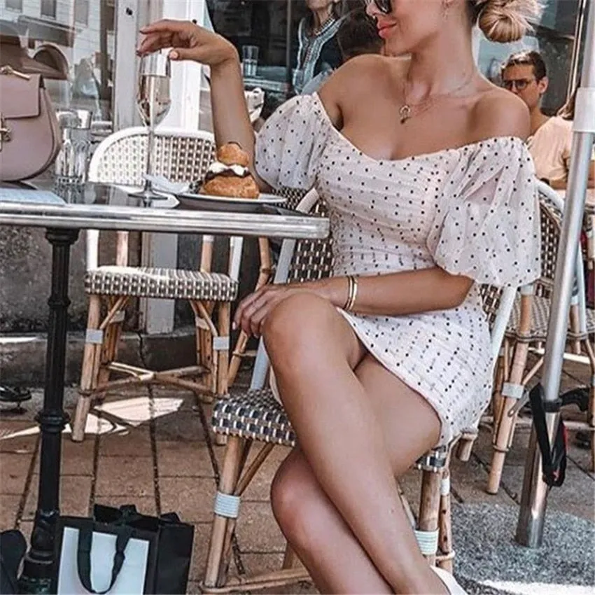 Slim Fit Elegant V- Neck Polka Dot Puff Sleeve Women Mini Dress