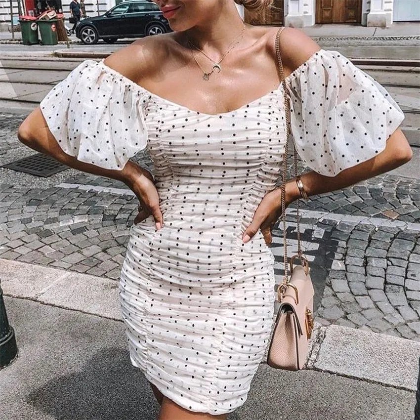 Slim Fit Elegant V- Neck Polka Dot Puff Sleeve Women Mini Dress