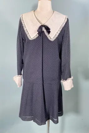 SOLD Vintage 60s Mod Navy Polka Dot Dress, Large Collar & Cuffs