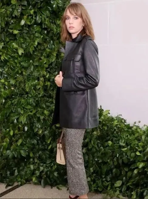 Stranger Things Maya Hawke Black Leather Mid-Length Coat