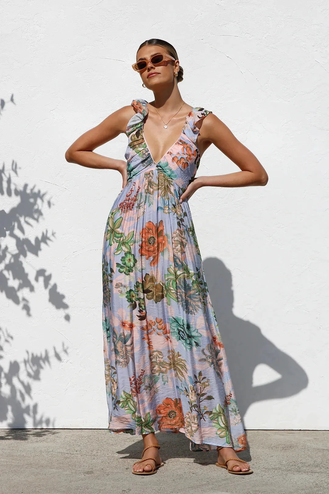 Summer Printed V Neck Large Swing Strap Dress