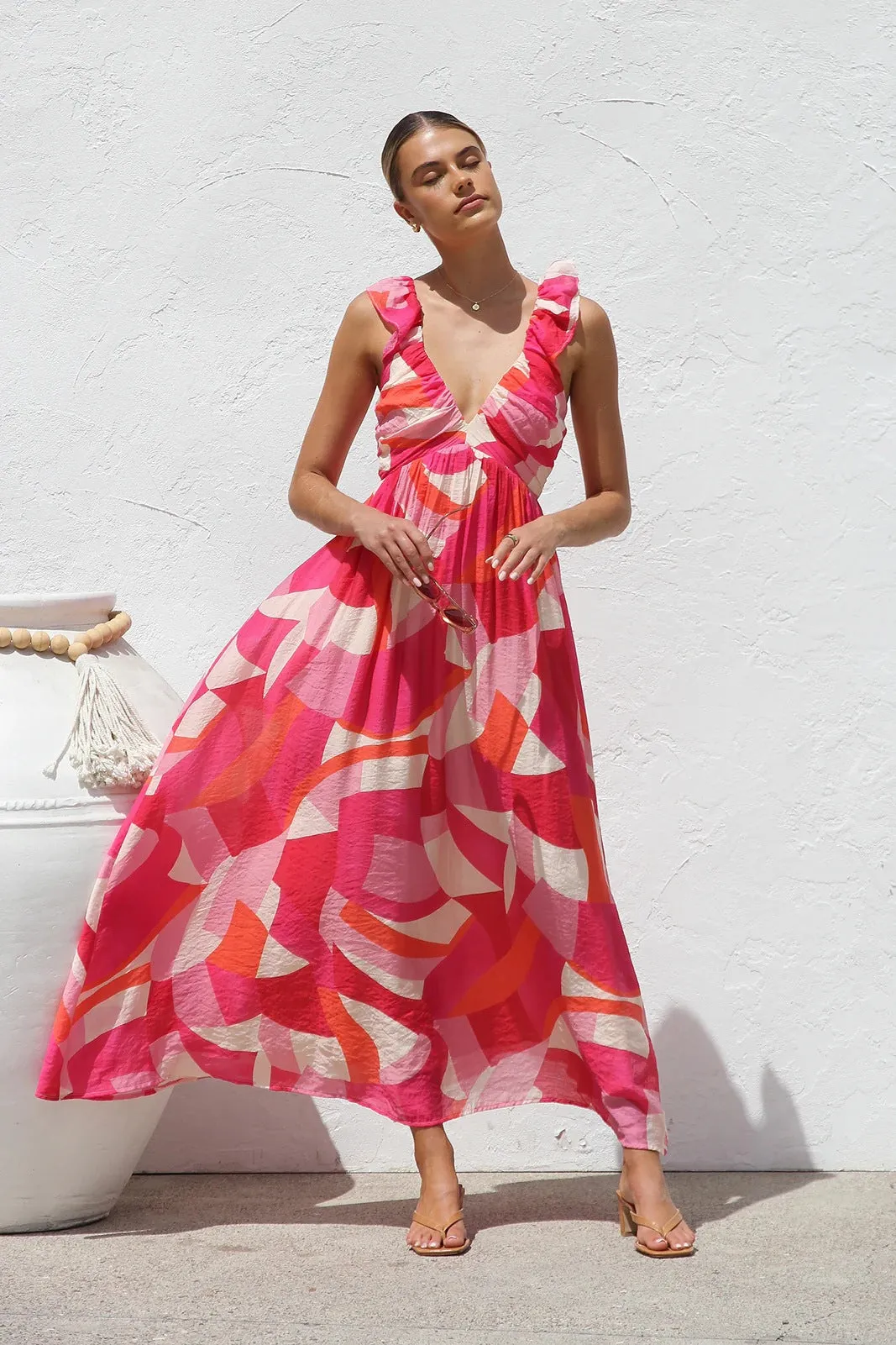 Summer Printed V Neck Large Swing Strap Dress